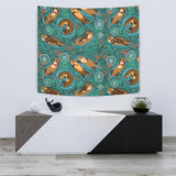 Cute Brown Sea Otters Ornamental Seaweed Corals Green Water Wall Tapestry