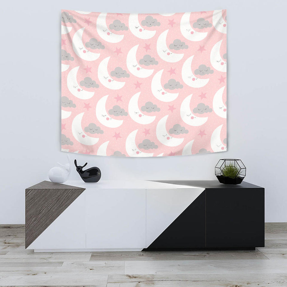 Cute Moon Cloud Star Pattern Pink Dot Background Wall Tapestry