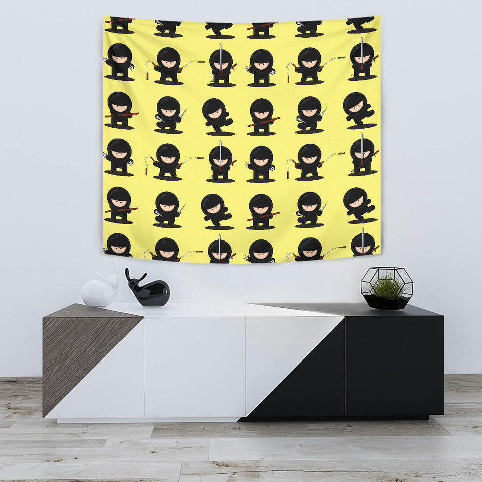 Cute Ninja Yellow Background Wall Tapestry