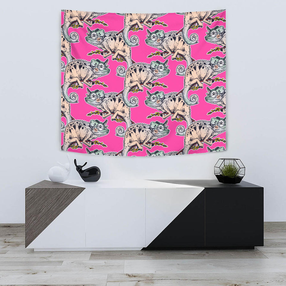 Chameleon Lizard Pattern Pink Background Wall Tapestry