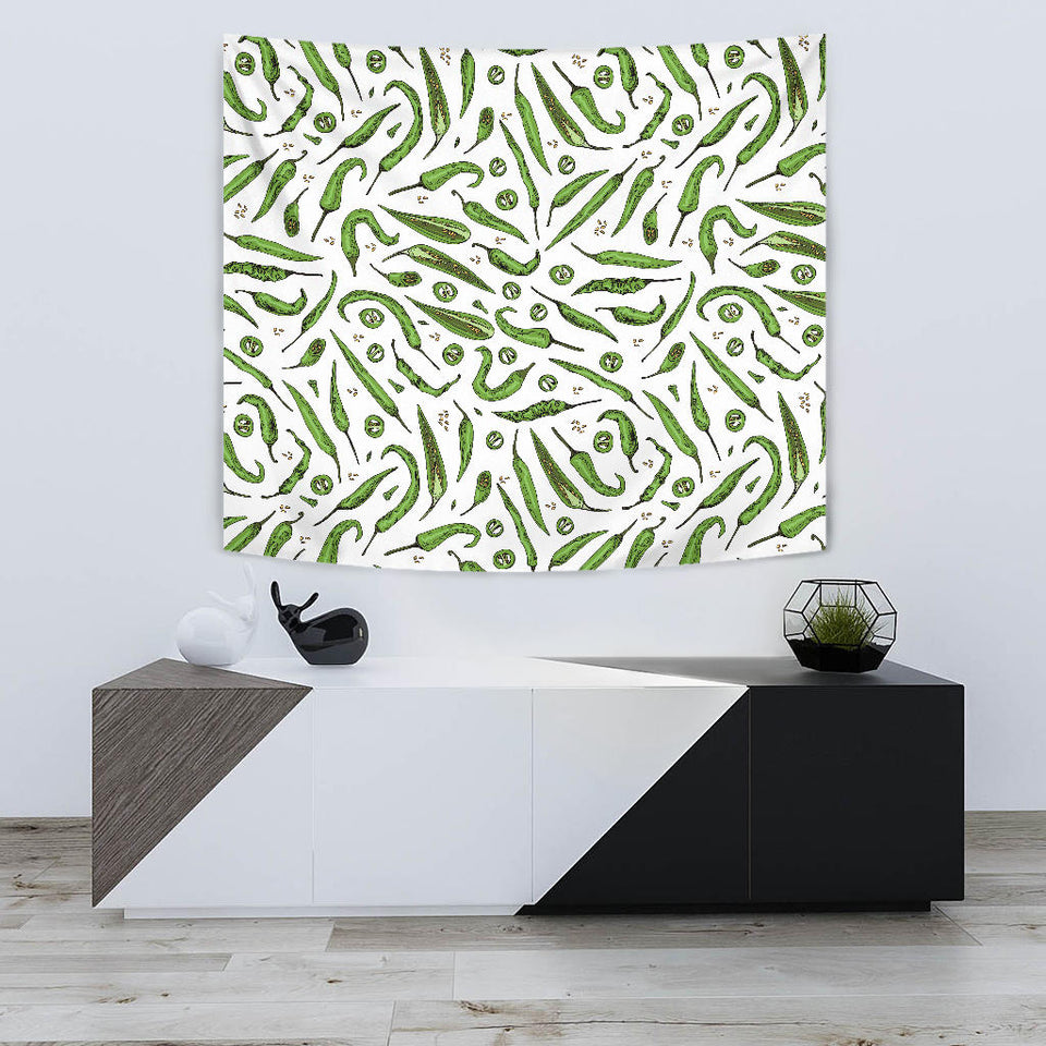 Hand Drawn Sketch Style Green Chili Peppers Pattern Wall Tapestry