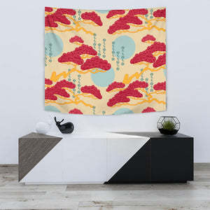 Red Bonsai Gray Sun Japanese Pattern Wall Tapestry