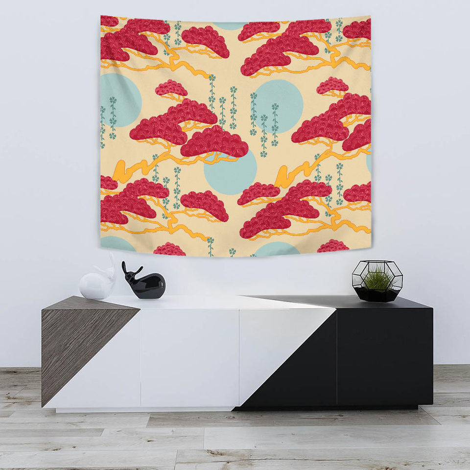 Red Bonsai Gray Sun Japanese Pattern Wall Tapestry