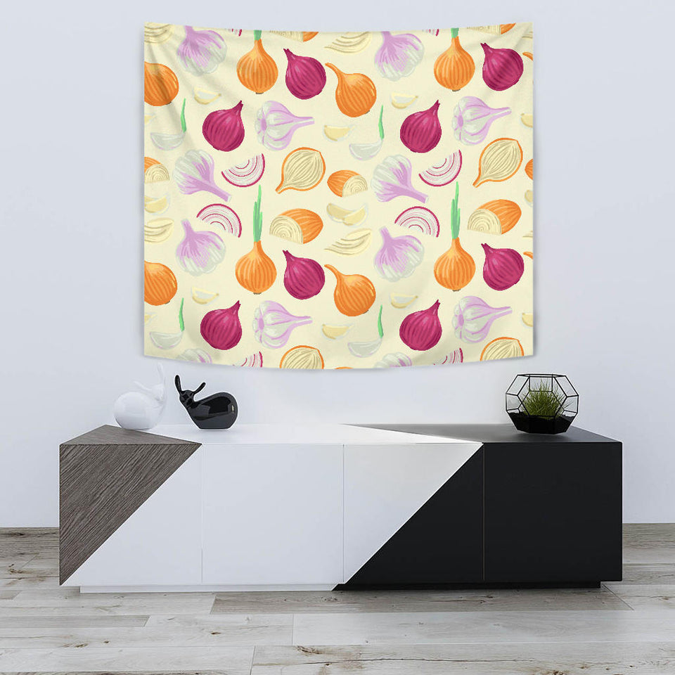 Onion Garlic White Red Pattern Wall Tapestry