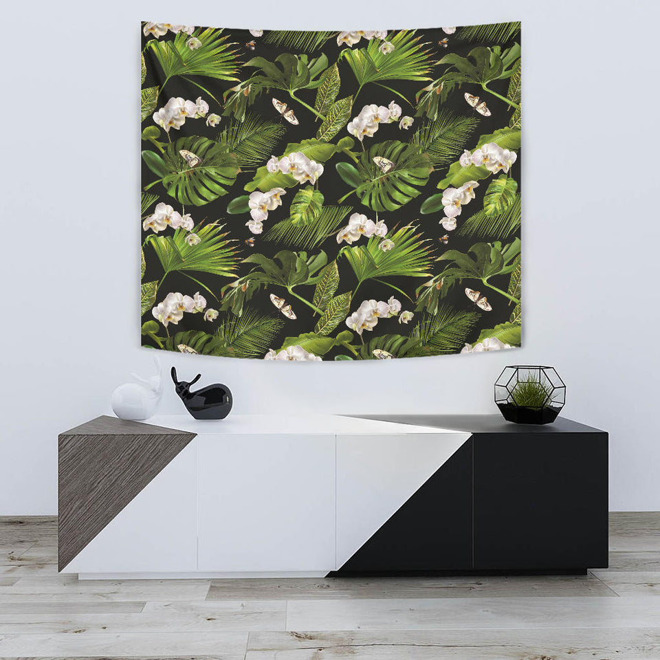 White Orchid Flower Tropical Leaves Pattern Blackground Wall Tapestry