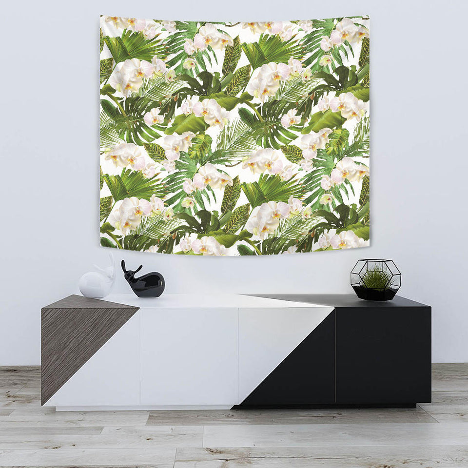 White Orchid Flower Tropical Leaves Pattern Wall Tapestry
