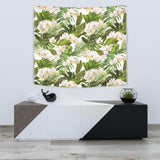 White Orchid Flower Tropical Leaves Pattern Wall Tapestry