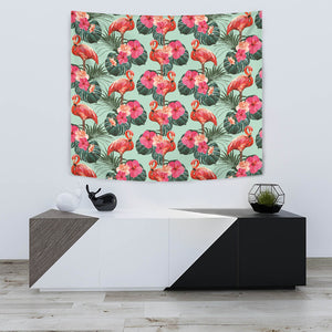 Beautiful Flamingo Tropical Palm Leaves Hibiscus Pateern Background Wall Tapestry