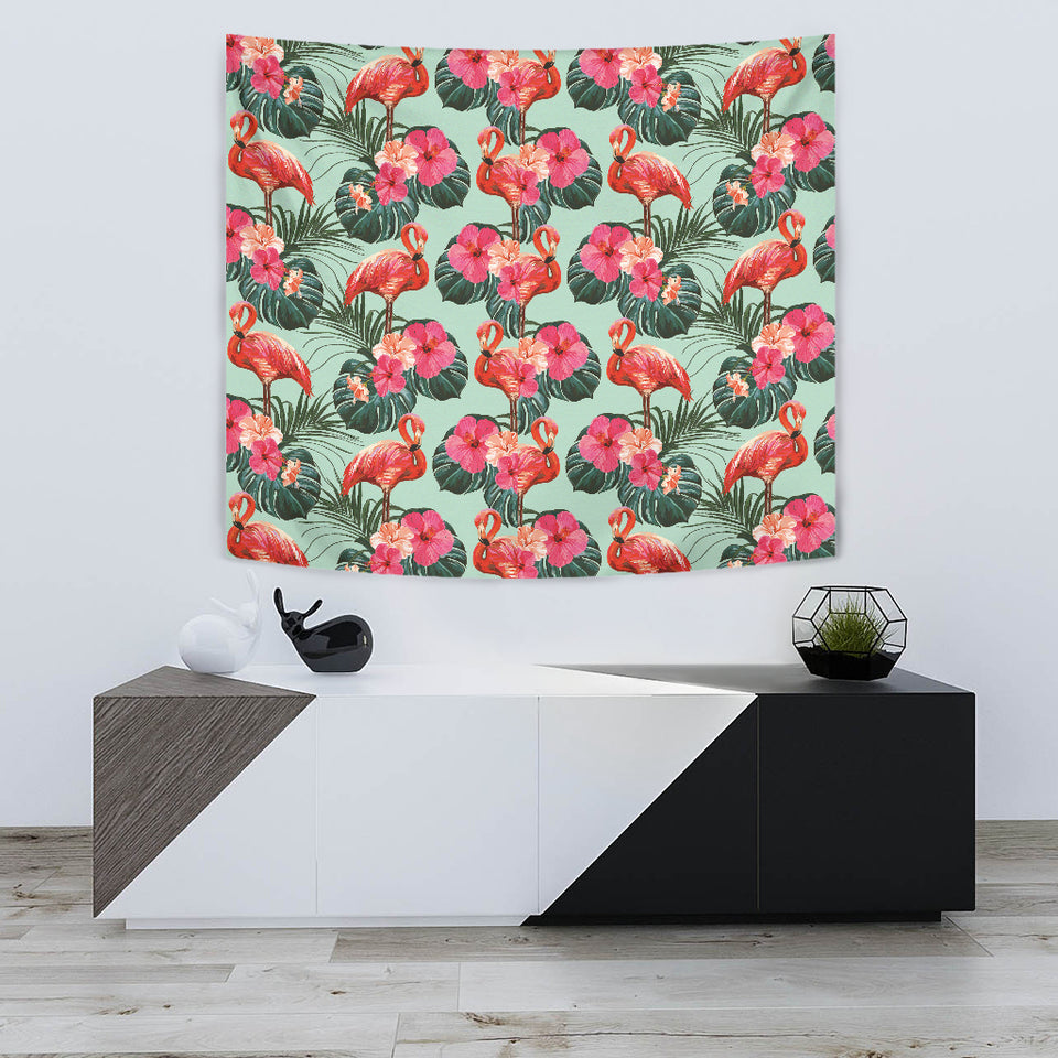 Beautiful Flamingo Tropical Palm Leaves Hibiscus Pateern Background Wall Tapestry