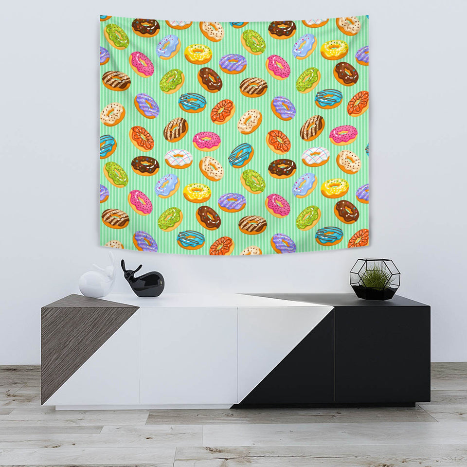 Colorful Donut Pattern Green Background Wall Tapestry