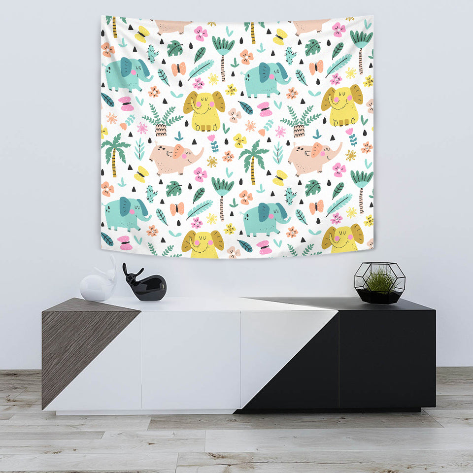 Cute Elephants Palm Tree Flower Butterfly Pattern Wall Tapestry
