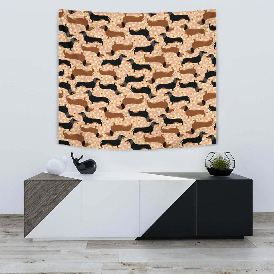 Dachshund Floral Background Wall Tapestry