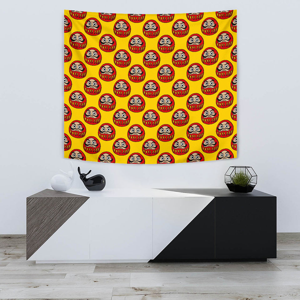 Daruma Japanese Wooden Doll Yellow Background Wall Tapestry