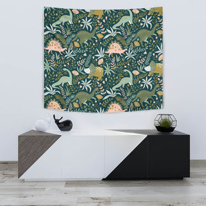 Dinosaurs Tropical Leaves Flower Pattern Wall Tapestry