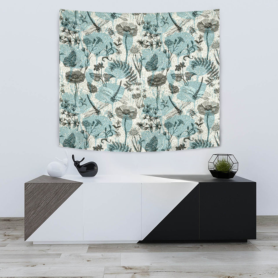 Dragonfly Butterfly Plants Insect Flower Vintage Style Pattern Wall Tapestry