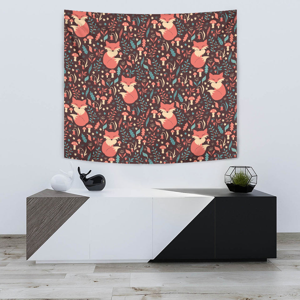 Fox Leaves Mushroom Pattern Wall Tapestry