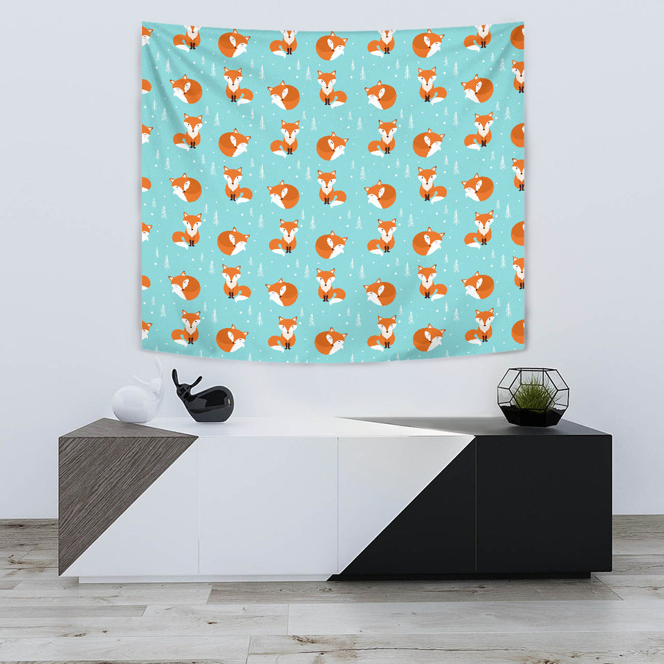 Fox Pattern Blue B Ackground Wall Tapestry