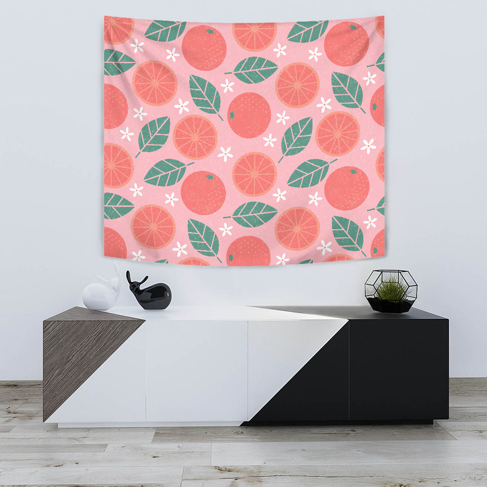 Grapefruit Leaves Flower Pink Background Wall Tapestry