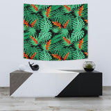 Heliconia Flower Palm Monstera Leaves Black Background Wall Tapestry