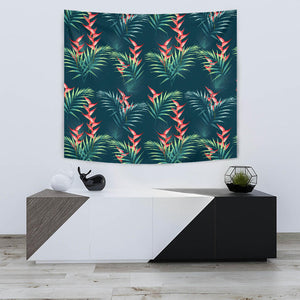 Heliconia Flowers, Palm And Monstera Leaves On Black Background Pattern Wall Tapestry