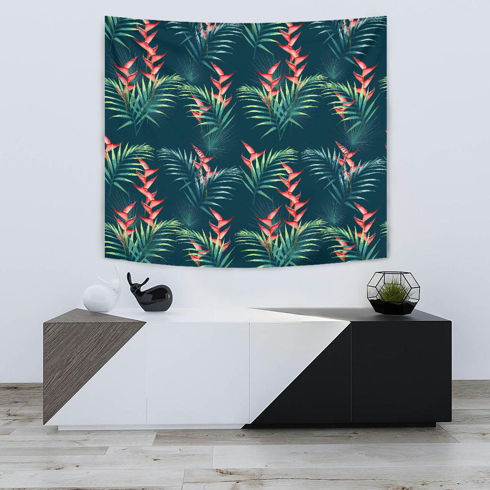 Heliconia Flowers, Palm And Monstera Leaves On Black Background Pattern Wall Tapestry