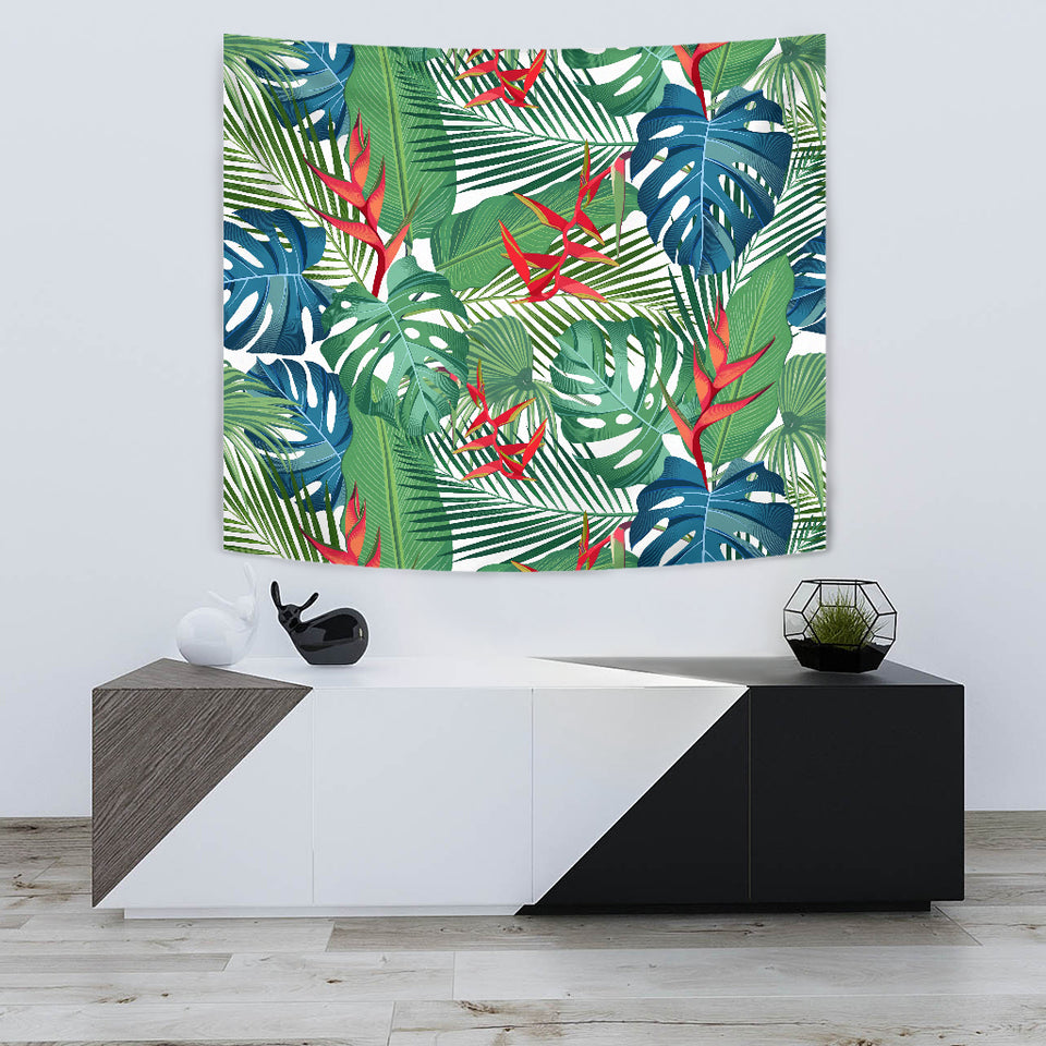Heliconia Palm And Monstera  Leaves Pattern Wall Tapestry