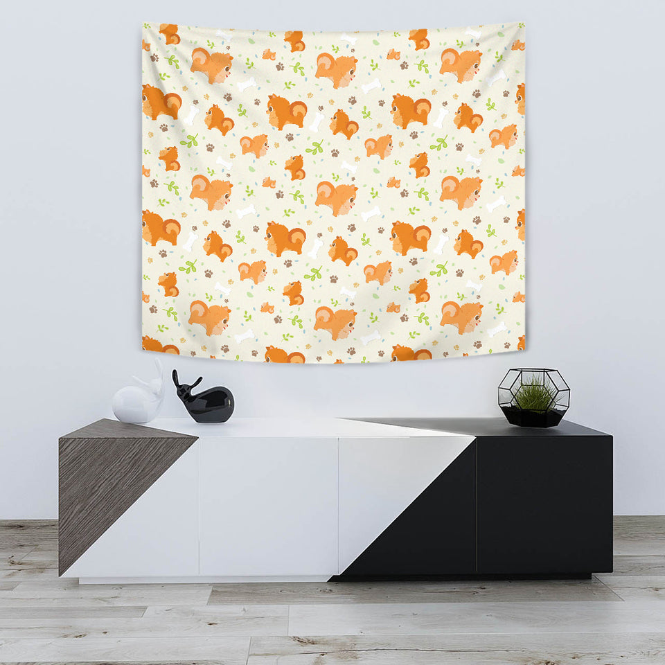 Cute Brown Pomeranian Paw Leave Bone Pattern Wall Tapestry