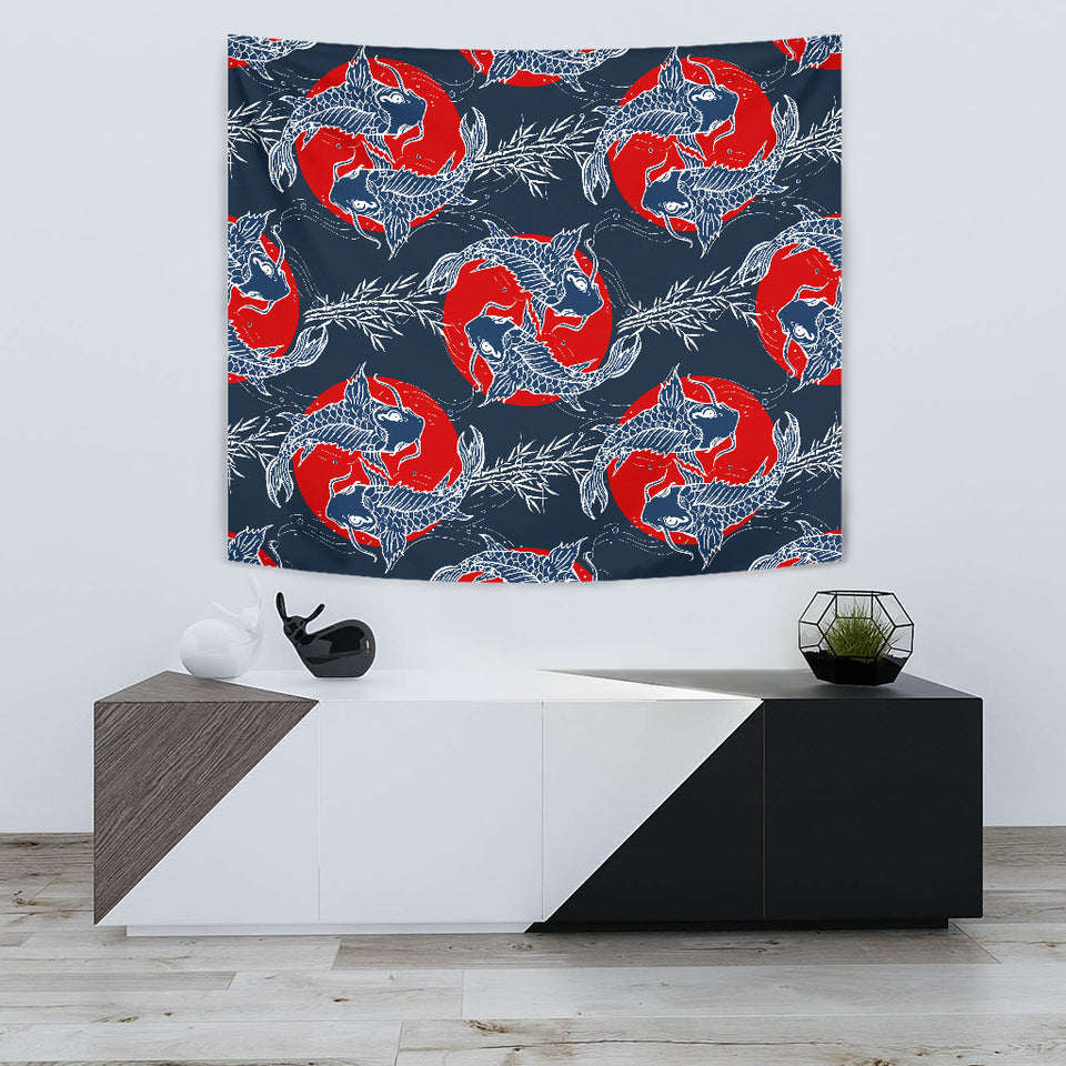 Koi Fish Carp Fishs Hand Drawn Japanese Art Wall Tapestry