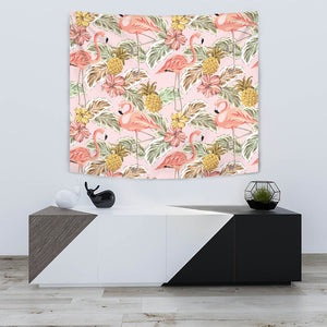 Pink Flamingo Birds Pineapples Hibiscus Flower Pattern Wall Tapestry