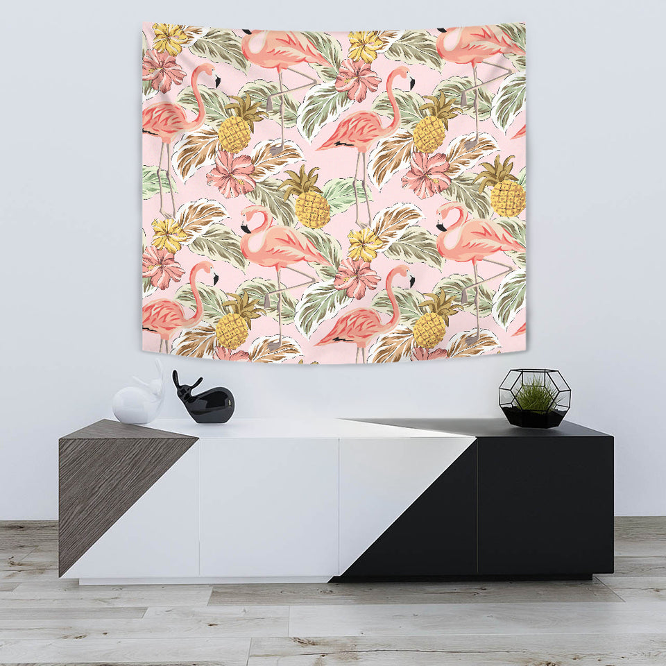 Pink Flamingo Birds Pineapples Hibiscus Flower Pattern Wall Tapestry