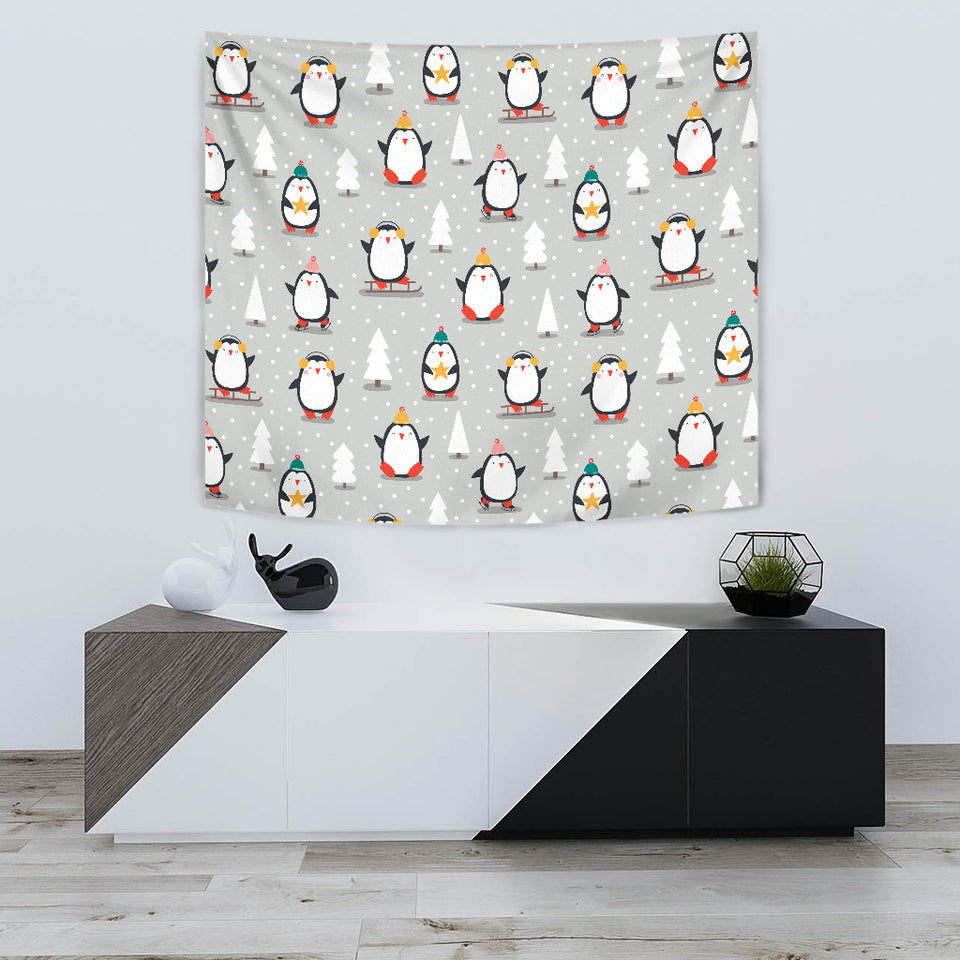 Cute Penguin Christmas Pattern Wall Tapestry