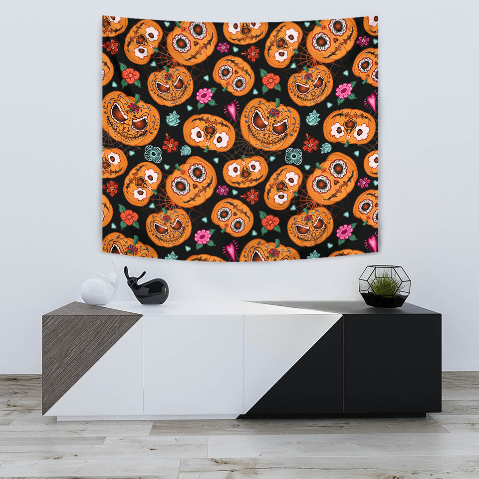 Pumpkin Flowers Spiderweb Halloween Theme Wall Tapestry