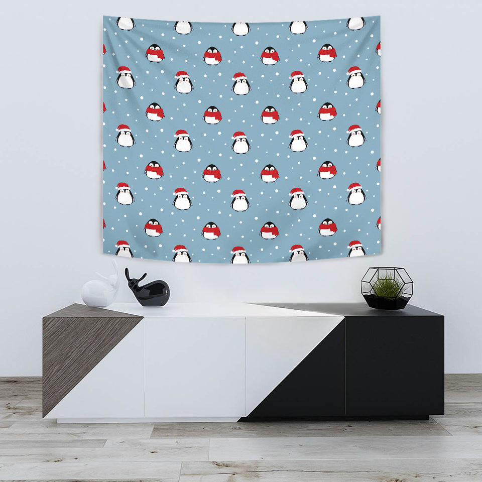 Cute Penguin Christmas Snow Pattern Wall Tapestry
