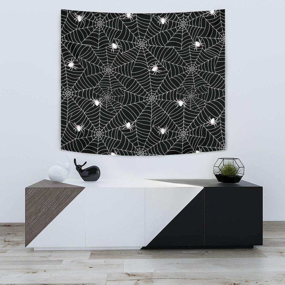 Spider Web Design Pattern Black Background White Cobweb Wall Tapestry