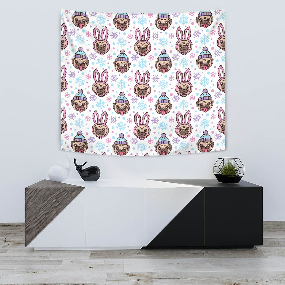 Cute Pug Hat Rabbit Costume Pattern Wall Tapestry