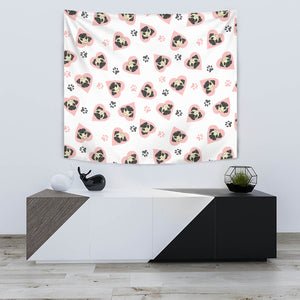 Cute Pugs Pink Heart Paw Pattern Wall Tapestry