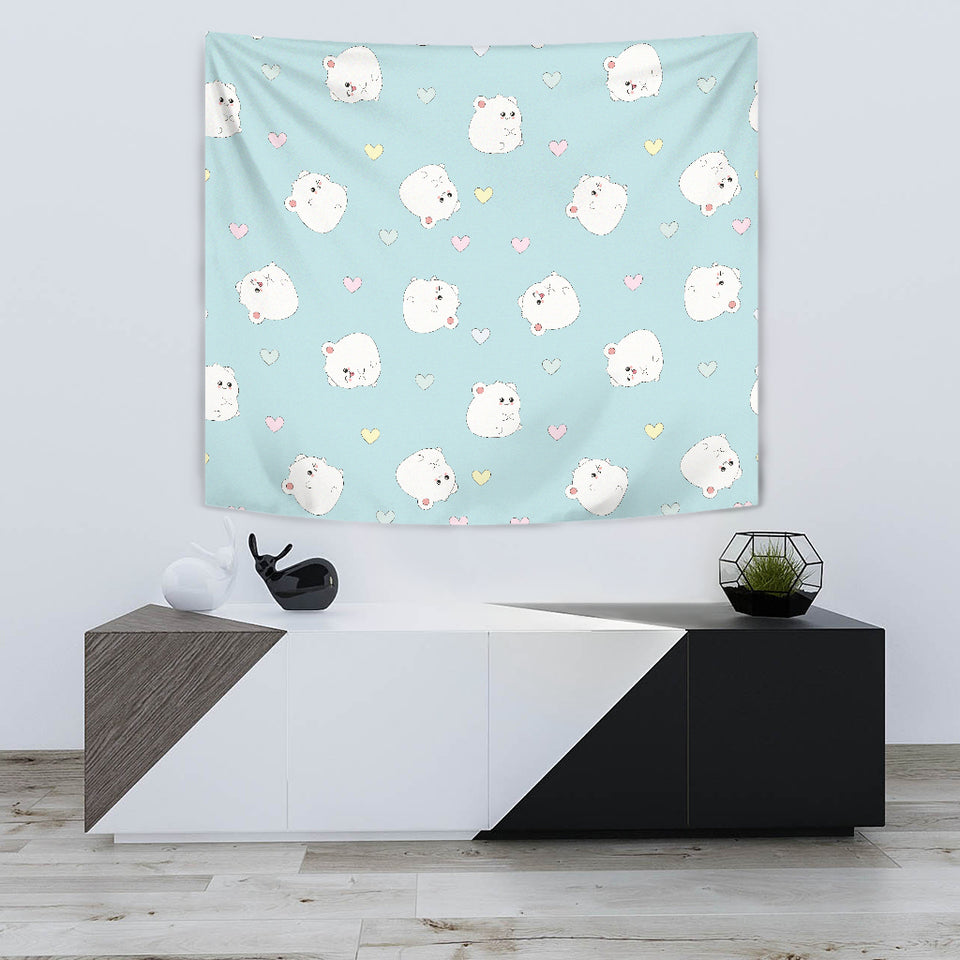 White Cute Hamsters Heart Pattern Wall Tapestry