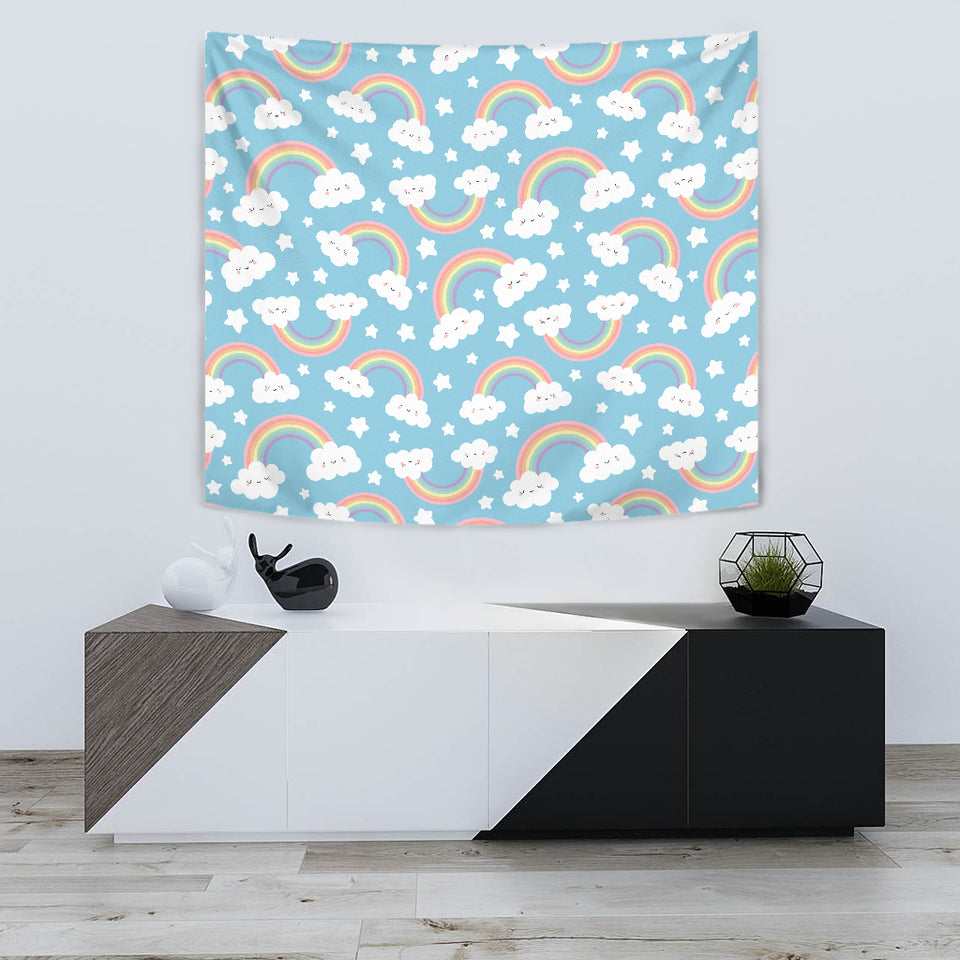 Cute Rainbow Clound Star Pattern Blue Background Wall Tapestry