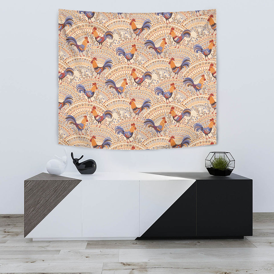 Cute Rooster Chicken Cock Floral Ornament Background Wall Tapestry