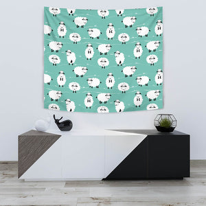 Cute Sheep Green Background Wall Tapestry