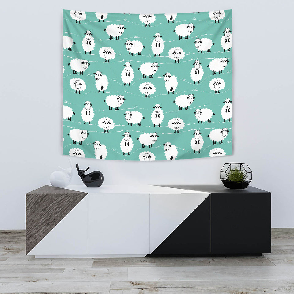 Cute Sheep Green Background Wall Tapestry
