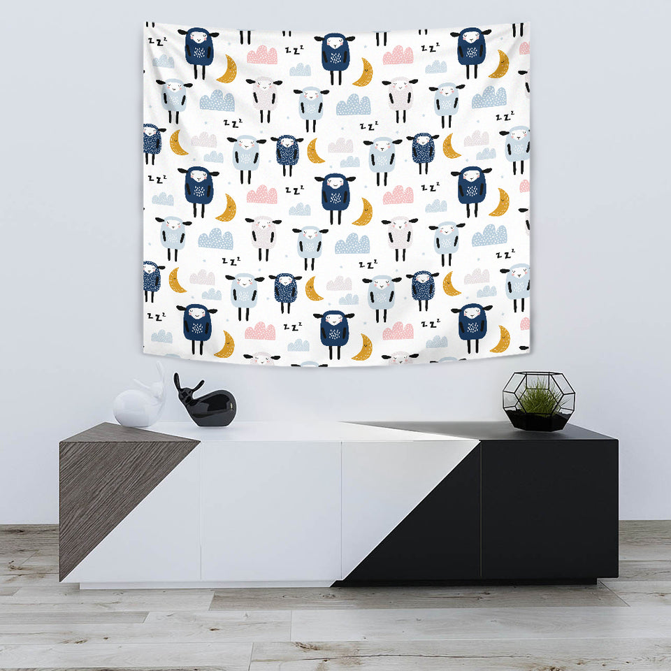 Cute Sleeping Sheep Moon Cloud Pattern Wall Tapestry