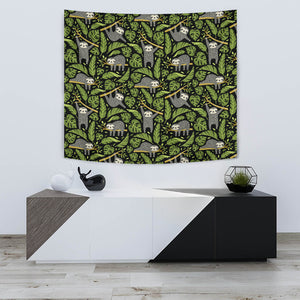 Cute Sloths Tropical Palm Leaves Black Background Wall Tapestry
