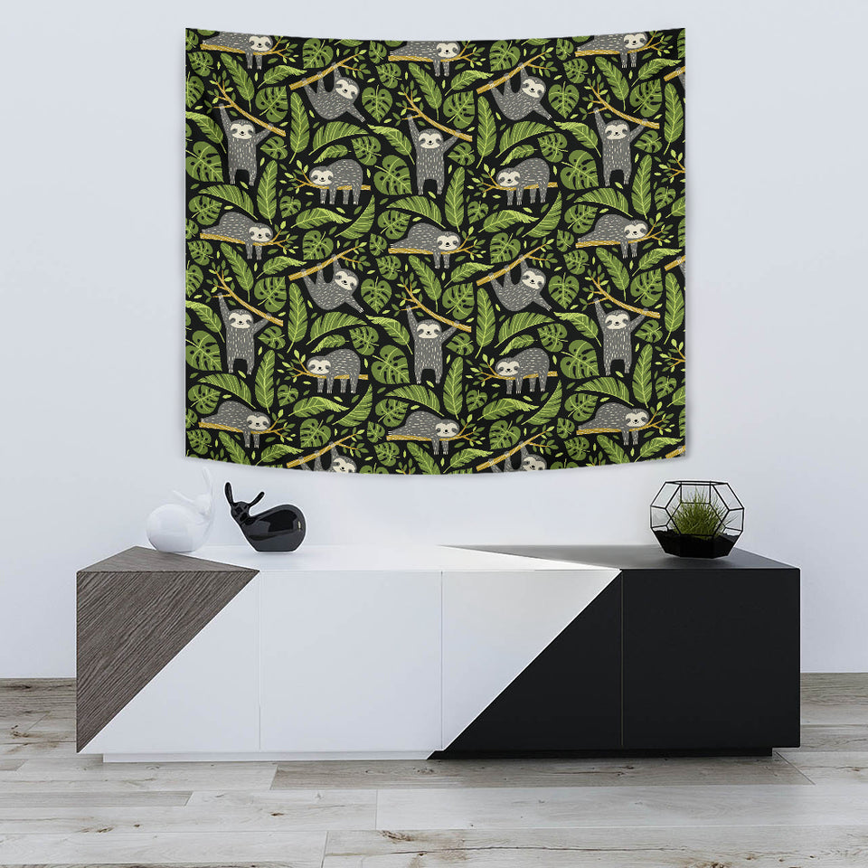 Cute Sloths Tropical Palm Leaves Black Background Wall Tapestry
