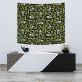 Cute Sloths Tropical Palm Leaves Black Background Wall Tapestry