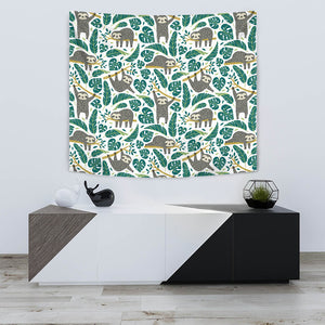 Cute Sloths Tropical Palm Leaves White Background Wall Tapestry