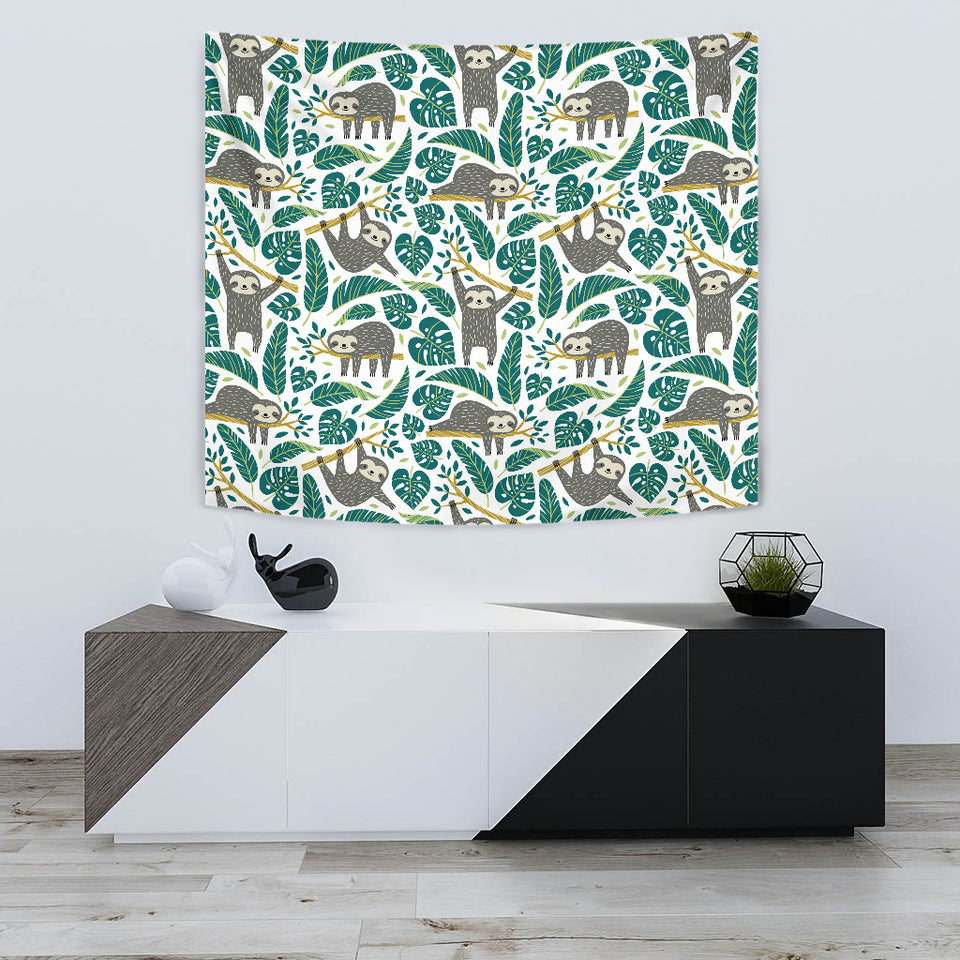 Cute Sloths Tropical Palm Leaves White Background Wall Tapestry