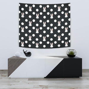 Cute White Rabbit Polka Dots Black Background Wall Tapestry