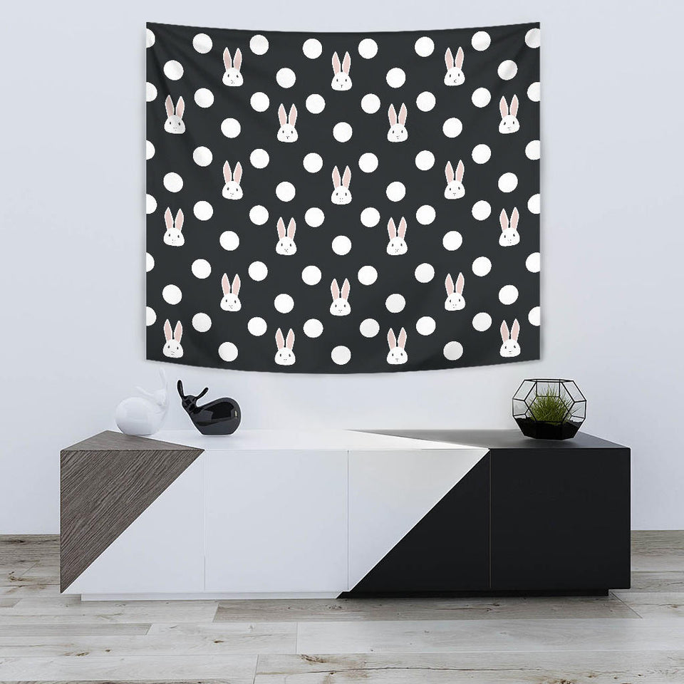 Cute White Rabbit Polka Dots Black Background Wall Tapestry