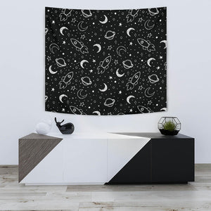 Hand Drawn Space Rocket Star Planet Wall Tapestry